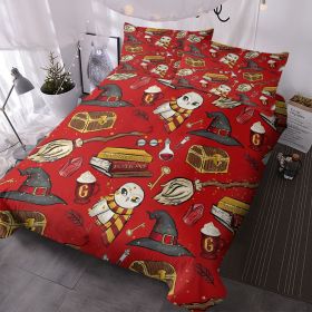 3PCS Halloween Duvet Cover Bedding Set, Red Duvet Cover, Magic Potion Spell Book Wizard Witch Hat Broom Scarf Owl Witch Spooky Gothic Comforter C (size: Twin)